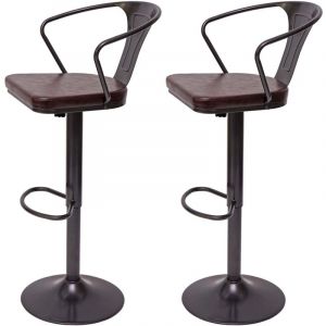 HHG - 2x Tabouret de bar 443b,r&eacute;glable en hauteur,avec accoudoirs,pivotant,style industriel, vintage noir-marron