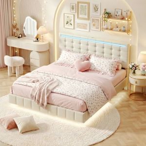 Eifson &ndash; Lit double 140x200 cm flottant rembourr&eacute; &ndash; T&ecirc;te de lit &agrave; lattes &ndash; &Eacute;clairage LED &ndash; Structure m&eacute;tal &ndash; Lin doux &ndash; Capacit&eacute; 250 kg