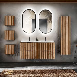 Petits-meubles - Ensemble meuble double vasque encastr&eacute;e 120cm miroirs led colonne et 3 armoires murales Gaia Bois et Noir
