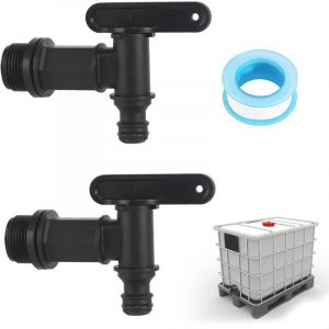 Robinet Cuve Plastique, Lot de 2 Robinet pour Citerne De Pluie avec Ruban ptfe Robinet d'écoulement ibc 3/4', Robinet de Rechange en Plastique pour