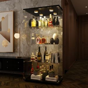 Vitrine d'Exposition Noire avec Fond Miroir et &Eacute;clairage LED - Argentier Design en Verre Tremp&eacute; - 4 &Eacute;tag&egrave;res et Porte avec Serrure