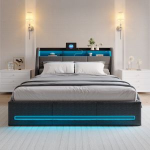 lit 140x200,lit coffre 140x200,Lumi&egrave;res LED r&eacute;glables &agrave; la t&ecirc;te et au pied du lit, Chargement USB, T&ecirc;te de lit avec 3 compartiments de rangement,Lin,