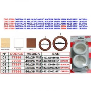 Rideau 10 Anneaux avec Tige &agrave; Crochet en Bois 29mm 56x36mm Naturel