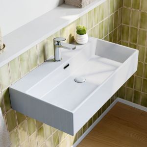 Horow &ndash; Lavabo en c&eacute;ramique 75 &times; 42 &times; 14 cm &ndash; Vasque &agrave; poser rectangulaire &ndash; Blanc avec trou de d&eacute;bordement &ndash; Installation murale ou sur plan de