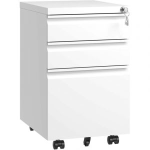 Modfu - Caisson 3 tiroirs, Placard bureau sur roulettes, Structure entièrement métallique avec serrure,pour documents A4, dossiers suspendus, Style