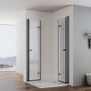Noir Cabine de douche accès d'angle double porte bi-pliage Paroi de douche 6mm verre véritable Porte bi-pliage 70x80x185cm Sans bac à douche - Impts
