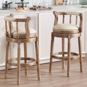 Tabouret de bar pivotant 360&deg; avec dossier, hauteur d'assise 75 cm, base en bois brun, coussin en cuir blanc