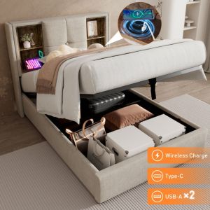 Modfu - Lit coffre 90x200cm Lit simples pour adultes/enfants, tête de lit avec compartiment de rangement, usb, Type-C, sans matelas, naturel, lin