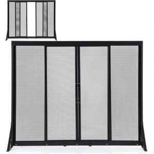 GOPLUS Pare Feu Chemin&eacute;e en M&eacute;tal, Grille Chemin&eacute;e avec 2 Portes Coulissantes et Poign&eacute;es, Pare Feu Poele a Granule, Grille Protection Poele,