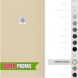 SOULBATH Receveur de Douche -R&eacute;sine -Gel Coat -Texture Lisse/Pierre -Antid&eacute;rapant -Couleur Cr&egrave;me Intense - 200x100- Extra plat 3cm. Bonde de Vidage