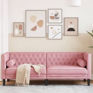 Canap&eacute; Chesterfield avec traversins 3 places rose velours
