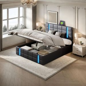 Lit coffre 140 x 200 cm, lit double avec sommier à lattes, rangements, tête de lit éclairée par led, ports USB/Type-C, design moderne, Noir