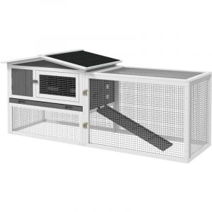 Cage &agrave; lapin - PawHut - 2 &eacute;tages et tiroir d&eacute;jection - enclos ext&eacute;rieur amovible toit ouvrant - bois massif pin - 156x58x68cm - gris