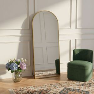 177x77 cm miroir sur pied lisse arqué, à poser au sol, grand miroir mural avec cadre en métal, miroir de sol pour chambre, dressing, salon - Doré
