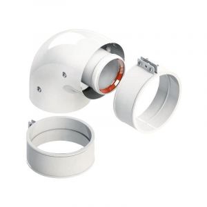 Coude coaxial 90&deg; &Oslash;60/100 aluminium blanc avec manchon et collier de serrage
