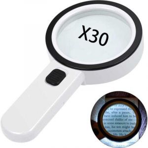 Loupe avec &eacute;clairage 30x - Loupe format - Portable - Loupe &eacute;clair&eacute;e 12 LED - pour lecture, soudure, pi&egrave;ces de monnaie, bijoux, exploration