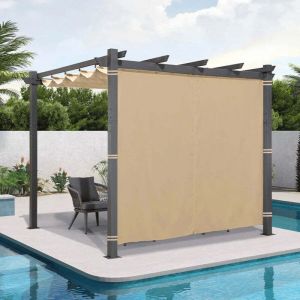 PURPLE LEAF Pergola en aluminium pour terrasse ext&eacute;rieure, toit coulissant, pavillon de jardin, 3 x 3 m, beige, avec rideaux