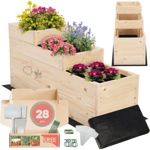 MODO24 Carr&eacute; potager sur&eacute;lev&eacute; en bois, 3 niveaux en cascade, 45x30x93 cm, jardin/terrasse, kit jardinier inclus, naturel impr&eacute;gn&eacute;