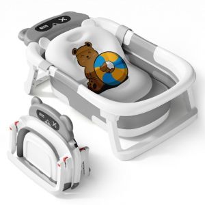 Bleosan - Baignoire Pliable B&eacute;B&eacute; Pour Nouveau-N&eacute; Avec Coussin Doux Thermom&egrave;tre Cadeau de naissance Voyage Portable, Peu Encombrant, Gris