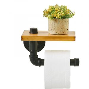 Porte Papier Toilette Industriel Avec &Eacute;tag&egrave;re en Bois Et Tuyau en Fonte -Support Mural Rustique Pour Papier Hygi&eacute;nique en Tuyau de Fer -Porte Rouleau