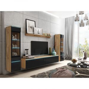 Bratex - Ensemble de meubles de salon vera ii, ensemble de meubles de salon, &eacute;clairage led inclus, couleur wotan/noir brillant