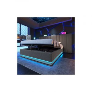 Lit coffre 160x200 cm, lit double capitonné avec led et charge usb-c, sommier à lattes inclus, lin, gris, sans matelas et table de chevet