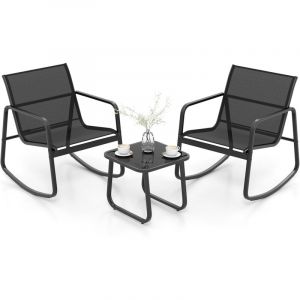 Costway - Salon de Jardin 3 Pièces avec Chaises à Bascule Table en Verre, Ensemble de Meuble Extérieur 2 Fauteuils Cadre Métallique Charge 150KG,