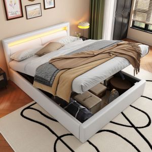 Modfu - Lit coffre adulte 140x190cm, simili cuir, lit double led, sans matelas, blanc