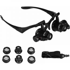 Aougo - Loupe Frontale Loupe Lunette Serre Tête avec avec 4 lentilles détachables (10x,15 x, 20 x, 25 x), Pour Travail Lecture Réparation de Horloger