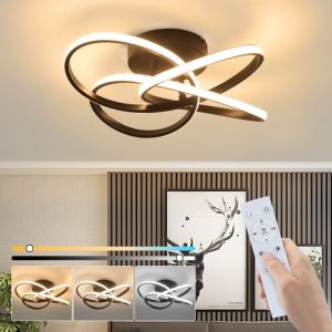 Plafonnier led pour salon, couloir, cuisine, salle &agrave; manger - 46 w, Intensit&eacute; variable, Noir, Design moderne quatre feuilles, M&eacute;tal, T&eacute;l&eacute;commande