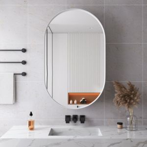 Armoire &agrave; glace ovale, cadre m&eacute;tallique, miroir et &eacute;tag&egrave;res r&eacute;glables, avec rangement pour salle de bain, Blanc, 85x51.5x12 cm