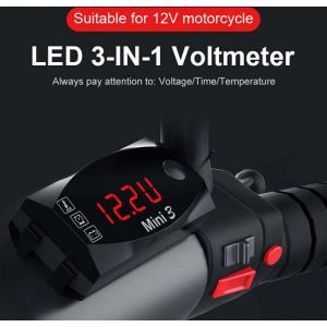 Vtizikl Compteur de moto 3 en 1, horloge num&eacute;rique &agrave; LED, thermom&egrave;tre, voltm&egrave;tre, tension, moniteur de batterie &eacute;tanche, jauge 6-30 V, pour voiture,