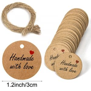 100PCS Papier Kraft Etiquette &Eacute;tiquettes Cadeau 3x3cm &Eacute;tiquette Ronde Etiquettes Kraft &Eacute;tiquette de Mariage avec Ficelle pour Dragees No&euml;l