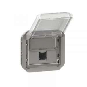 Prise informatique RJ45 cat&eacute;gorie 6A stp &eacute;tanche &agrave; volet plexo IP55 avec enjoliveur - finition gris Legrand LEG069559L