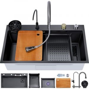 Sjlerst - Evier Cuisine 1 Bac 80 x 45 cm, Evier Inox avec Filtre de Vidange, Evier à Poser avec Trous pour Robinets et Distributeurs de Savon, Noir