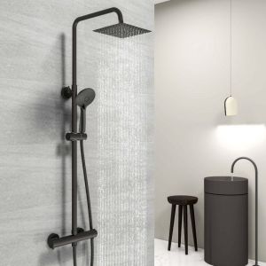 Colonne de douche thermostatique en acier inoxydable, noire, avec kit douchette, douche de t&ecirc;te carr&eacute;e, hauteur r&eacute;glable 735-1170mm - Acezanble