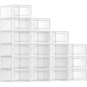 Boîtes à Chaussures, Lot de 18, Organisateur de Chaussures en Plastique, Pliable et Empilable, jusqu'à la Pointure 44, Transparent et Blanc