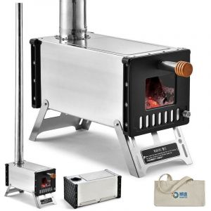 Po&ecirc;le &agrave; bois de tente en acier inoxydable avec tuyaux de chemin&eacute;e Po&ecirc;le &agrave; bois de camping portable pour camping chauffage cuisson (argent)