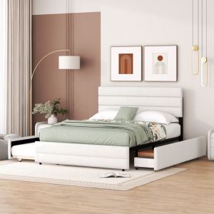 Tanant - Lit avec tiroirs 140 x 200 cm - tissu lin, lit double avce cadre de lit gigogne, 1 tiroir de rangement, cadre à lattes, lit adulte - Beige