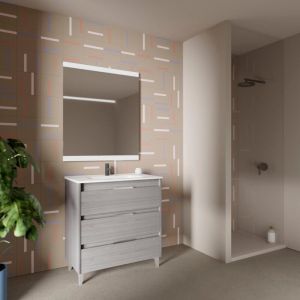 Amizuva - suki 60 Meuble simple vasque avec trois tiroirs, effet Gris sablé Il comprend la vasque en céramique. (Sans miroir)