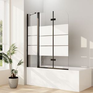 WDWRITTI Pare-baignoire noir 150 x 140 cm, 3 pi&egrave;ces, pliable, ray&eacute; Paroi de douche pour baignoire avec segment fixe Paroi de douche en verre de