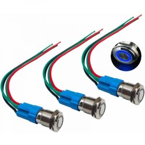 Shining House - 3Pcs Premium 12V 3A Interrupteur à Bouton-Poussoir Momentané, Commutateur Bouton-Poussoir 12mm, Bleu led Interrupteur Etanche IP66