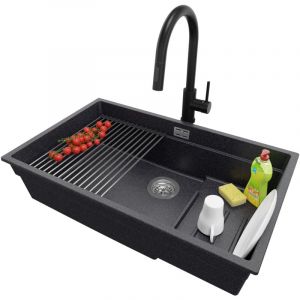 PRIMAGRAN Evier Sous Plan 76x47cm, Evier en Granit 1 bac + Robinet 40x20cm + Kit de Vidage + Égouttoir Enroulable, Évier au meuble 80cm - Prague,