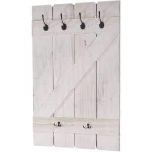 Porte-manteau mural panneau avec 6 crochets 91x60cm en bois blanc vieilli 040001012