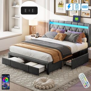 Lit 140x200 cm, 2 places, avec 4 tiroirs, LED, t&ecirc;te de lit motif &agrave; diamants, USB, sommier &agrave; lattes en bois, structure en m&eacute;tal, lit capitonn&eacute; en lin