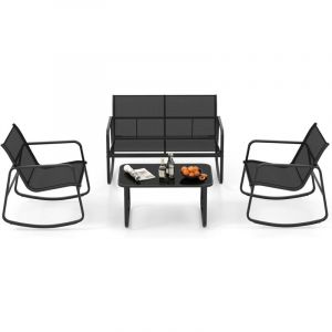 Costway - Salon de Jardin 4 Pi&egrave;ces avec Chaises &agrave; Bascule Table en Verre et Causeuse, Ensemble de Meuble Ext&eacute;rieur Cadre M&eacute;tallique Charge 150KG,