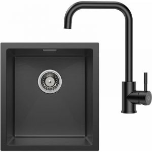 Cecipa - Evier Cuisine Noir 1 Bac 40x44cm+Robinet de Cuisine Noir, Evier Inox 1 Bac Rectangulaire, Petit &Eacute;vier de Cuisine, Cuve Simple avec