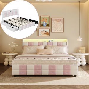 Lit double 160x200 cm, lit adulte avec &eacute;clairage LED, port USB et 4 tiroirs de rangement, sommier &agrave; lattes en bois, style scandinave, lit capitonn&eacute;