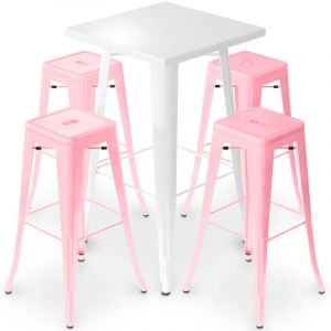 Privatefloor - Pack Tabouret de Table Blanc et Pack de 4 Tabourets de Bar - Design Industriel - M&eacute;tal - Nouvelle Edition - Bistrot Stylix Rose