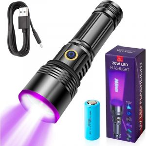 365 nm Lampe UV Torche, 20W Rechargeable UV Lampe, Lampe de Poche à Lumière Noire, LED UV Torche pour Traceurs Fluorescents Chien Chat Tapis